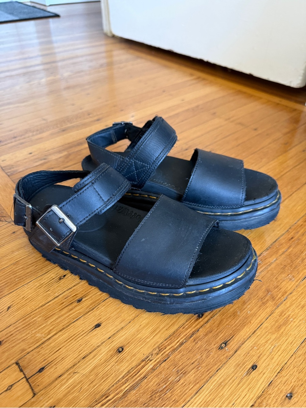 Doc Martens Softwair Black Leather Strap Platform Sandals
